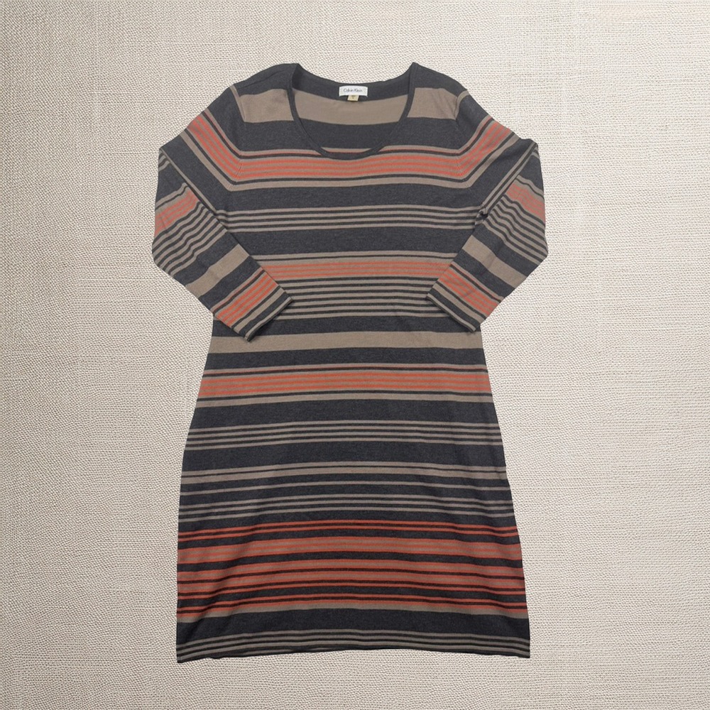 Calvin Klein Womens XL Knit Dress 3/4 Sleeve Striped Boho Hippie Lightweight